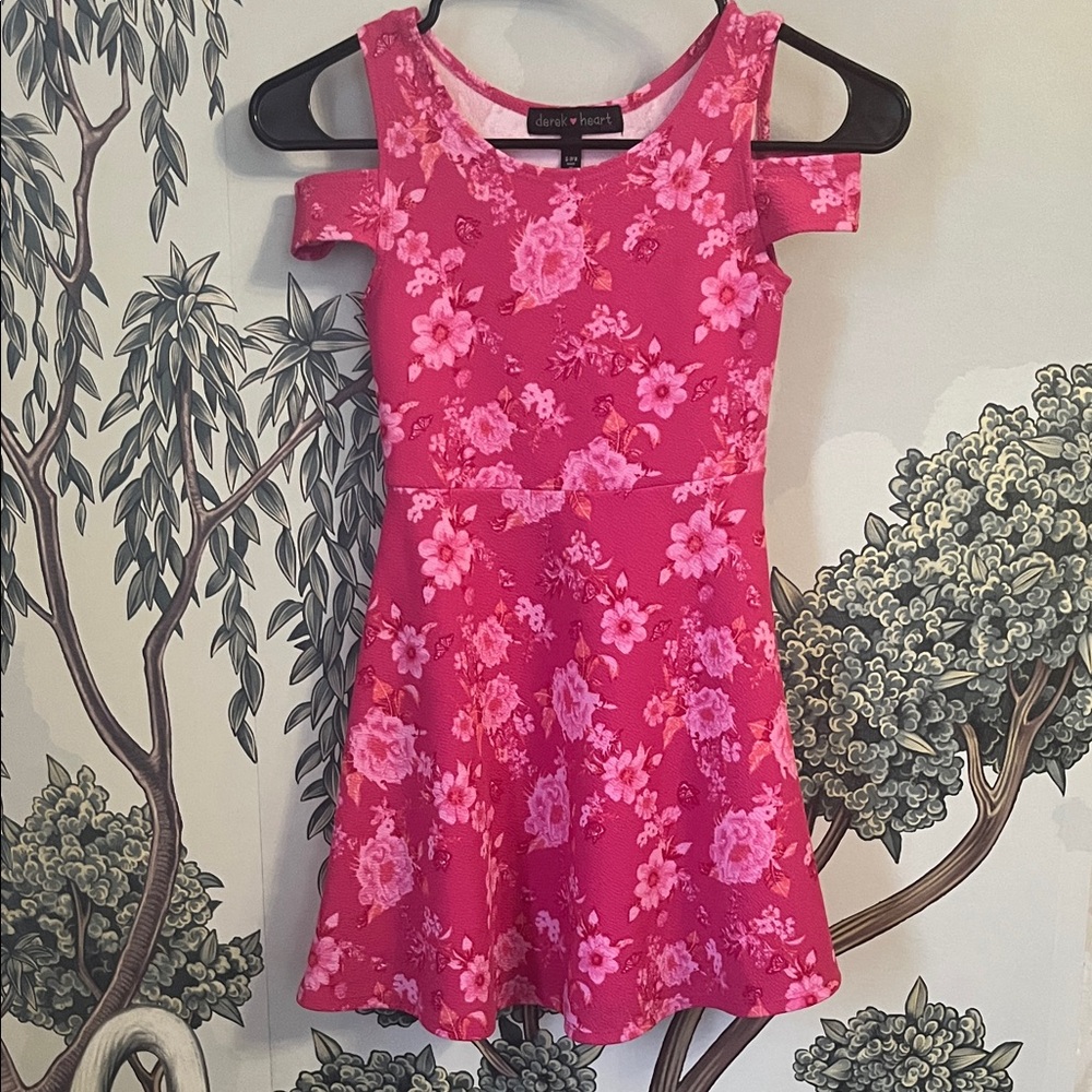 Bright Pink Floral Cold-Shoulder Dress, sz 7/8